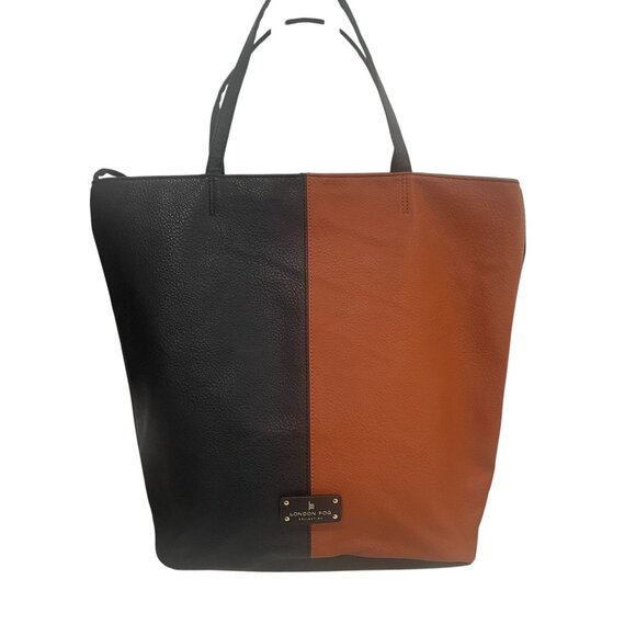 London Fog Tote Bag Black Brown Vegan Leather Shoulder Purse Work Carryall - Picture 5 of 10